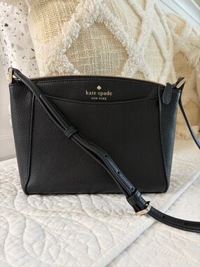 kate spade black leather Monica crossbody with gold logo